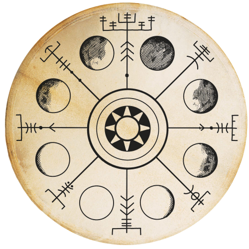 Šamanský bubon Vegvísir - Fázy mesiaca kruhový 50cm - kozia koža